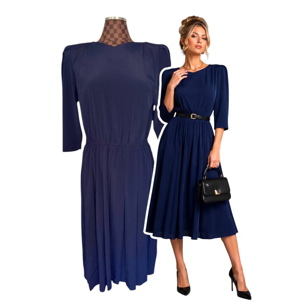 Pellini by Von Bramlett Navy Blue Midi Dress Size 14 Puff Sleeve Vtg 80s Teacher
